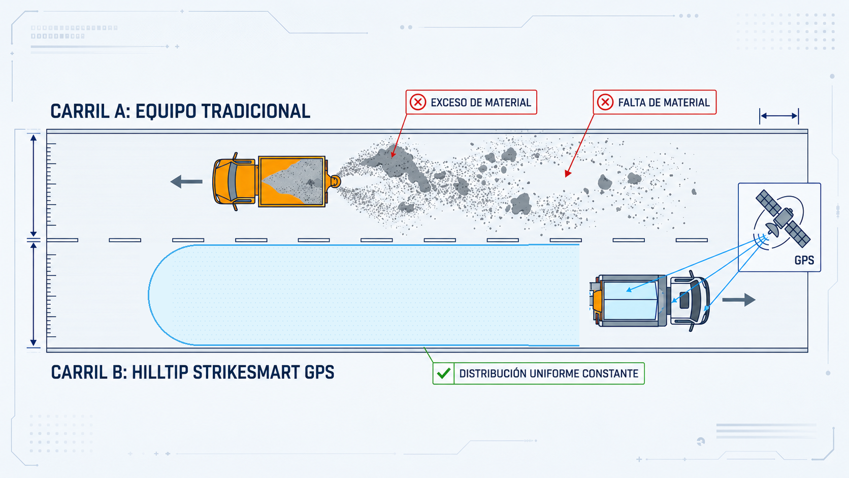 El Efecto de Dosificación Inteligente — Carril A: Equipo Tradicional vs Carril B: Hilltip StrikeSmart GPS